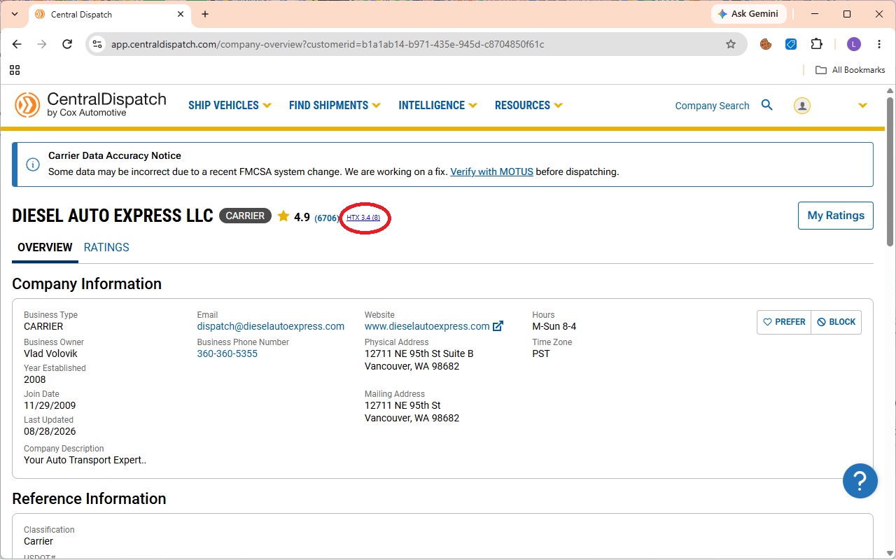 HaulTrustX rating badge shown on a Central Dispatch company page