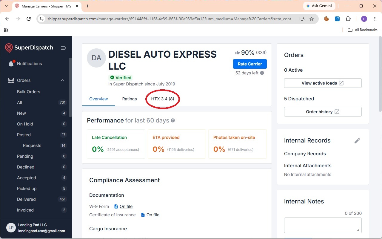 HaulTrustX rating badge shown on a Super Dispatch order row